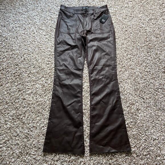 Kut from the Kloth Stella Coated Flare Jean Sz 6 Chocolate HR Raw Hem Stretch - Picture 1 of 10